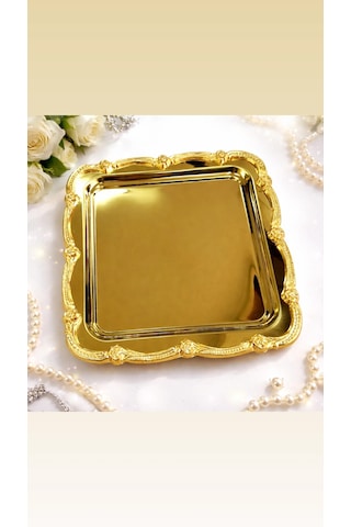 Gold Üzeri Gold Gül Figürlü Sunum Tepsisi Tek Kişilik Dekoratif Kare Servis Kahve Çay Tepsisi