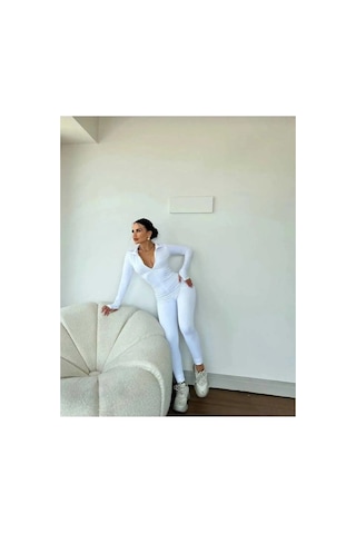 Winmoda34 Kadın Dalgıç Tulum Uzun Kollu Parmak Geçirme Detaylı Spor Tulumu Beyaz
