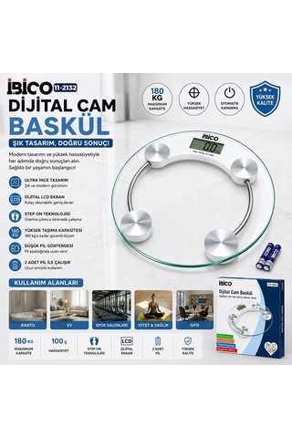 Dijital - Pilli Yuvarlak Banyo Baskül Terazi Tartı Lcd Ekran 180kg/0.1g 30x30cm İ11-026 5580
