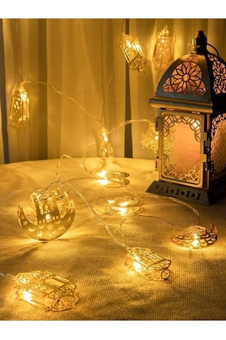 Ramazan Konsept Süsleme Pilli Led Işık 10lu Gold Metal Kandil Ay Yıldız Minare Karışık Işık Zinciri Gold