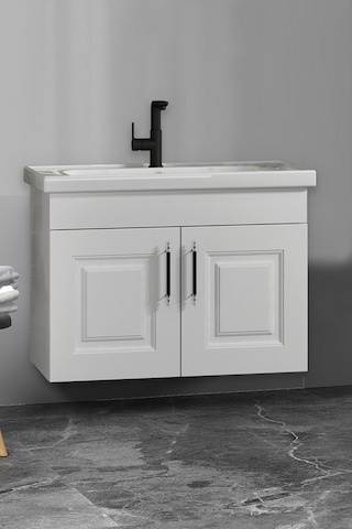 Salkım 65 Cm Beyaz Balon Mdf Seramik Lavabolu Asma Banyo Alt Dolabı