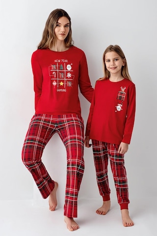 Arnetta Garson Kız Çocuk Aile %100 Pamuklu 4 Mesim New Year Uzun Kollu Pijama Takım Kırmızı