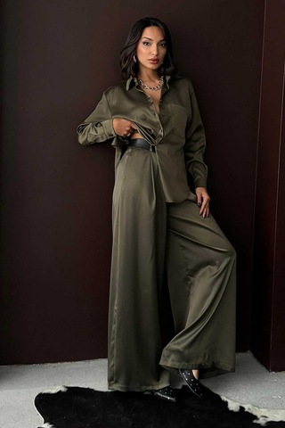 Verymoda Yüksek Bel Bol Paça Saten Pantolon Şık Ve Rahat Tasarım F2052 Haki