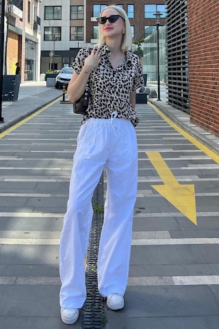 Madmext Ekru Leopar Desenli Kısa Kollu Kadın Gömlek Mg2098-ekru Ekru