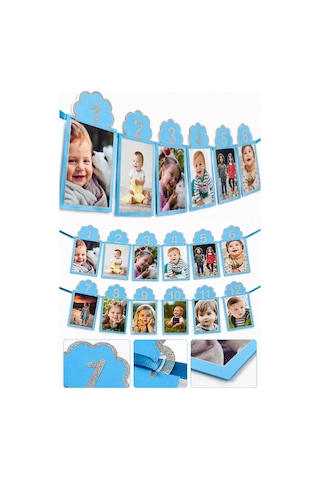12 Aylık Fotoğraf Çerçevesi Mavi 200x23 Cm 1 Yaş Doğum Günü Parti Süsü Aylık Bebek Fotoğraf Seti Diğer