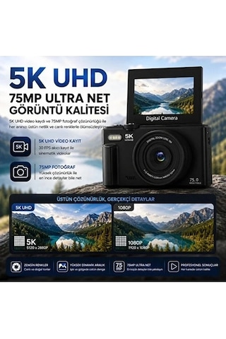 5k 75mp 18x Zoom Flaşlı 3' Flip Ekranlı Türkçe 32gb Kart Dijital Vlog Fotoğraf Makinesi Lens li