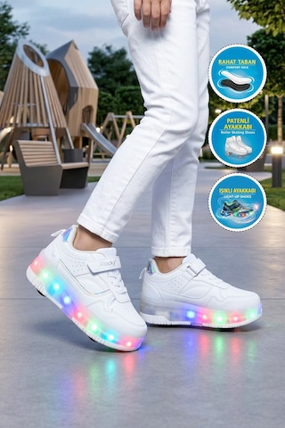Beyaz Cırtlı Ortopedik Işıklı Unisex Çocuk Patenli Spor Ayakkabı Glow F