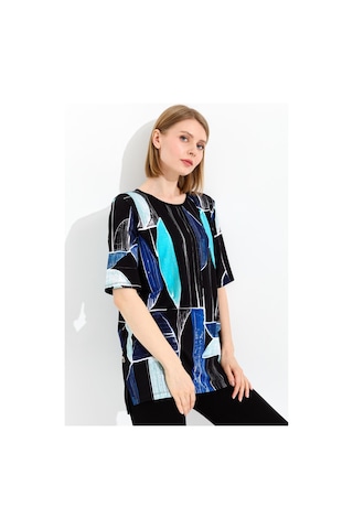 Kadın Sıfır Yaka Çizgili Penye T-shirt Lacivert Lacivert