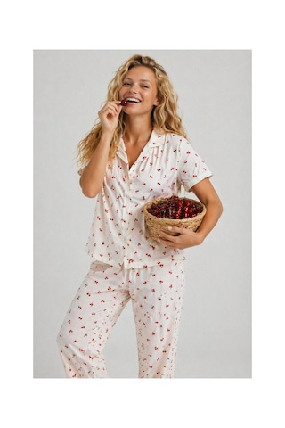 Rindahomewear Pamuklu Örme Kumaş Kiraz Desenli Düğmeli Pijama Takım Kiraz Desenli