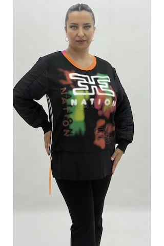 Büyük Beden Grafikli Viskon Uzun Kol Oversize Kadın Sweatshirt Siyah