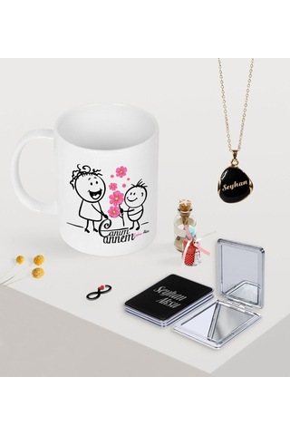 Bitmeyenkartus Kişiye Özel Canım Annem Kupa Ayna Ve Siyah Mineli Kolye Seti-17