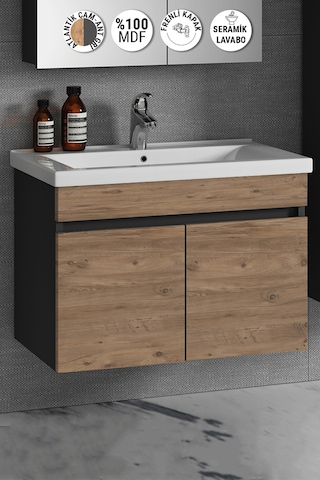 Çiğdem 80 Cm Antrasit Gri Mat-Atlantik Çam Mdf Banyo Alt Dolabı Antrasit - Atlantik Çam