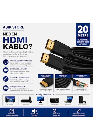 Hdmı Kablo 20 Metre Full Hd 1080p 4kx2k Yüksek Hızlı Görüntü Ve Ses Aktarım Kablosu Altın Kaplama Konnektör Pvc Dış Kılıf