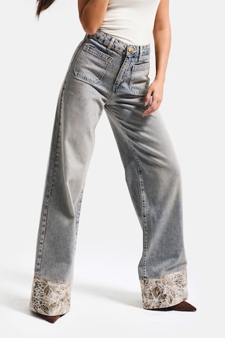 it's basic Kadın Kot Rengi 4s6-65 Wide Leg Fit Paça Dantel Detaylı Özel Tasarım Denim Jean Mavi