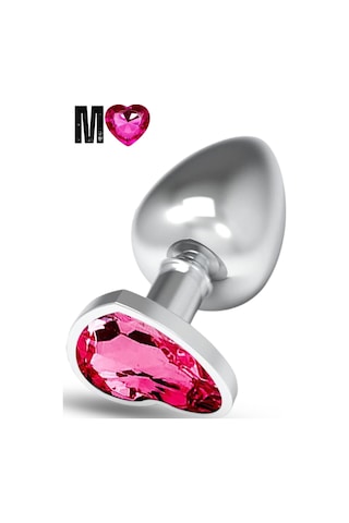 Red Fox Paslanmaz Çelik Pembe Kalpli Mücevher Taşlı Pürüzsüz Silver Metal Anal Butt Plug - Orta Boy