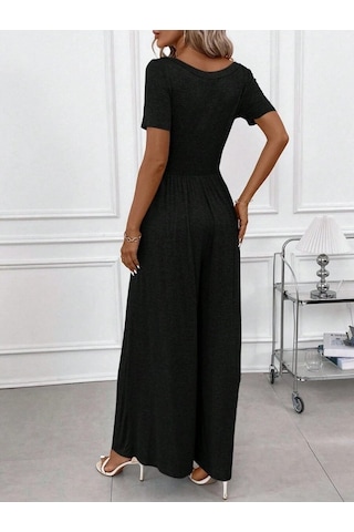 Soonaksesuar Kadın Kısa Kollu Yuvarlak Yaka Geniş Paçalı Bürümcük Tulum Siyah