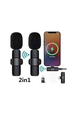 K9 2li Type-c + Lightning Dönüştürücülü Kablosuz Yaka Mikrofonu 2li