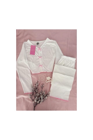 Mh Moony Homewears Ruzova Kurdele Detaylı Crop Uzun Kol Üst Pijama Takımı Pembe