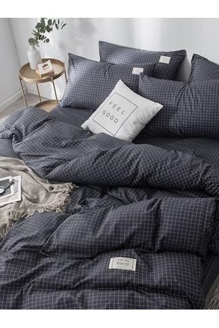 Lotus Home Minikaro Çarşafsız Pamuklu Tek Kişilik Nevresim Seti Füme