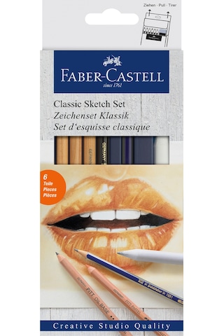 Faber-Castell Klasik Sketch Seti 6 Parça, Goldfaber 2B Kalem, Pitt Monochrome, Pitt Pastel, Karıştırma Kalemi