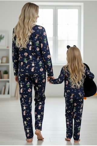 Siyah İnci %100 Pamuklu Puanlı Şeker Baston Desenli Yılbaşı Temalı Örme Pijama Takım Lacivert Penguen