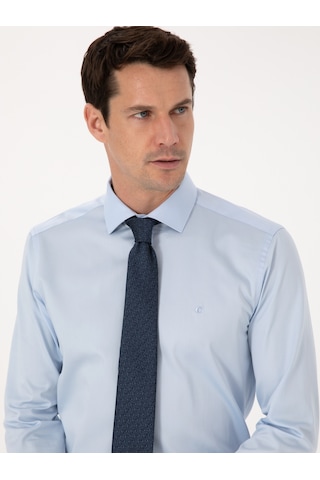 Cacharel Açık Mavi Slim Fit %100 Pamuk Yarım İtalyan Yaka Klasik Gömlek Denım
