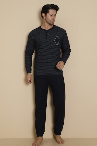 Falkon 7008 İnterlok Kışlık Çizgili Pijamalı Erkek Pijama Takımı Lacivert