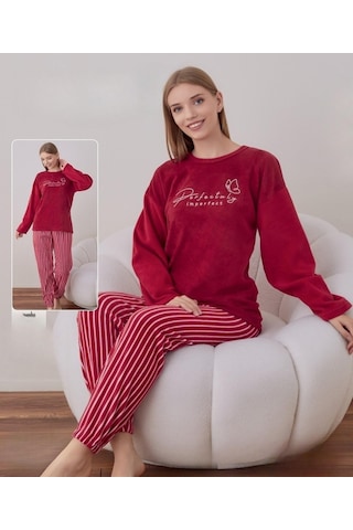 Boyraz Kadın Kışlık Bisiklet Yaka Soft Kadife Pijama Takımı 07021 - 1 Adet Kırmızı