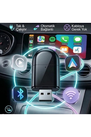 2'si 1 Arada Carplay & Android Auto Adaptörü Tak Çalıştır Kablosuz Ekran Yansıtma, Otomatik Bağlantı