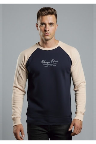 Deepsea Erkek Lacivert Fitilli Şardonlu Sweatshirt - Pamuklu, Likralı, Rahat Kalıp Sweatshirt 2601510 Lacivert