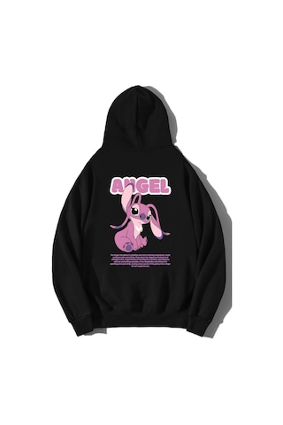 Brz Collection Unisex Oversize Lilo & Stitch Angel Hoodie Siyah Siyah