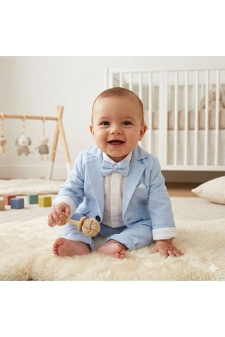 Baby Kids Colors Flamlı Keten Salaş Ceketli Takım Elbise/gömlek Pantolon Ceket Papyon Mavi