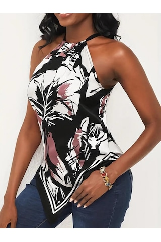 Modaserdem Kadın Üçgen Kesim Boyundan Bağlamalı Çiçek Desen Süprem Bluz Desenli