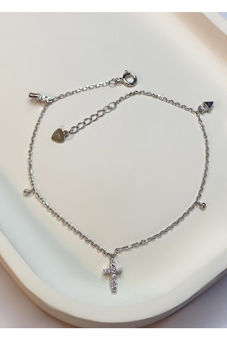 Kadın Taşlı Haç Detay Minimal Gümüş Halhal Silver