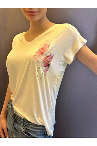 V Yaka Çiçek Desenli Kadın T-shirt Beyaz