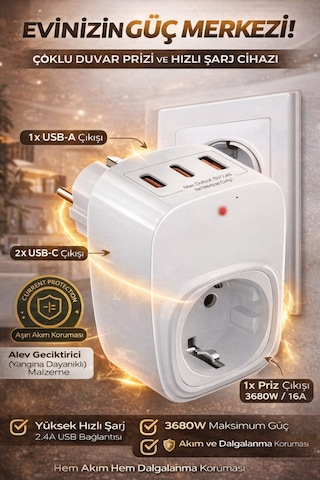 Akım Korumalı Çoklu Priz 1 Usb-a, 2 Usb-c 16a, 3680w, 2.4a Hızlı Şarj, Alev .