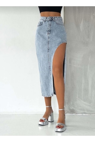 Pass&Pass 2094 Kadın Likrasız Yandan Yırtmaçlı Jeans Kot Denim Etek Beyaz