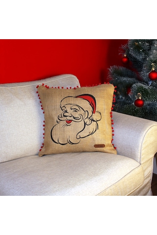Püsküllü Jüt Kırlent Kılıfı 50 50 Noel Baba Desen
