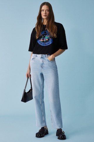 Ethıquet Ahrı Kadın Relaxed Fit Bisiklet Yaka Baskılı Siyah T-shirt