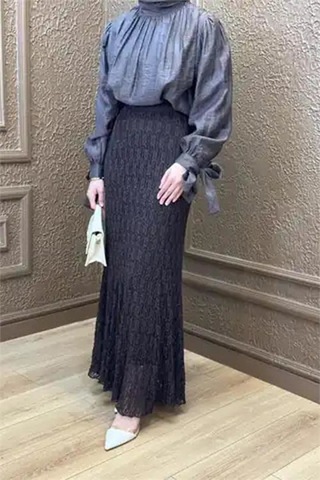 Neşeli Butik Kadın Kahverengi Dantel Kumaş Maxi Boy Tesettür Etek