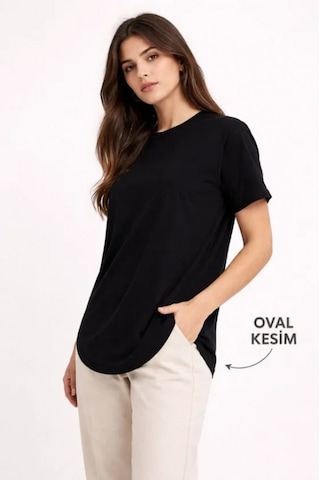 Efnaz Style Basic T-shirt Kısa Kol Bisiklet Yaka Oval Kesim Tişört - Siyah