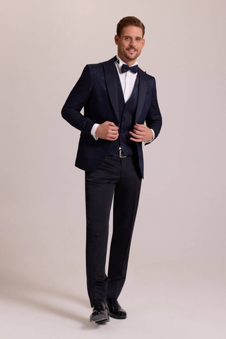 Ysf Erkek Lacivert Slim Fit Kırlangıç Yaka Desenli Damatlık