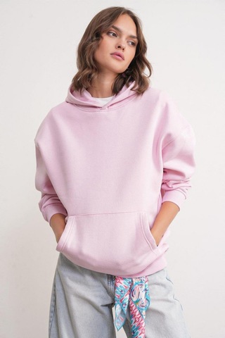 Mixray 2022 Unisex 3iplik Basic Polarlı Kapüşonlu Sweatshirt Hoodie Pembe