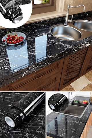 Trendpoint 60cmx500cm Siyah Mermer Desen Mutfak Banyo Dolap Tezgah Üstü Folyo Kaplama