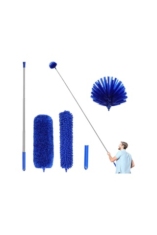 Yaozixa 3'lü Mikrofiber Temizlik Seti: Uzatılabilir 15-110 İnç Çubuk, Islak/kuru Kullanim, Tavan Ve Fan Temizligi Icin Orumcek Aleti Mavi