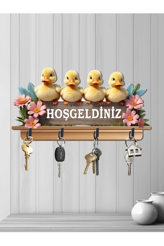 Dört Metal Kancalı 30 X 16 Cm 2d Ahşap Uv Baskılı Civciv Hoşgeldiniz Mdf Duvar Askılığı Anahtarlık V5 Çok Renkli