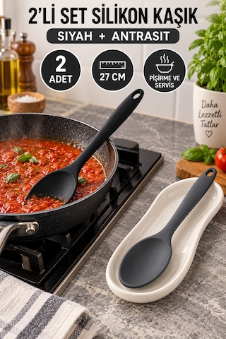 2'li Set Siyah Antrasit Büyük Boy Silikon Kaşık 27 Cm Mutfak Yemek Pişirme Ve Servis Kaşığı 2 Renkli
