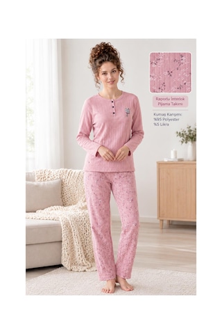 Boyraz Lindros Kadın Düğme Yaka Raporlu İnterlok Kışlık Pijama Takımı 02739 - 1 Adet Pudra
