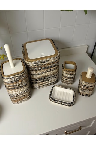 Doğal Dokulu Hasır Görünümlü 6 Parça Banyo Takımı Zarif Ve Modern Çok Renkli