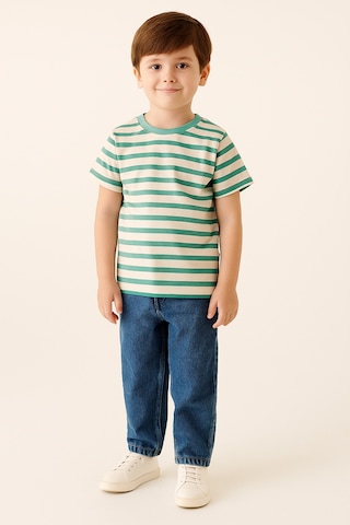 Noble Kids Erkek Çocuk Çizgili Basic Tişört Yeşil
